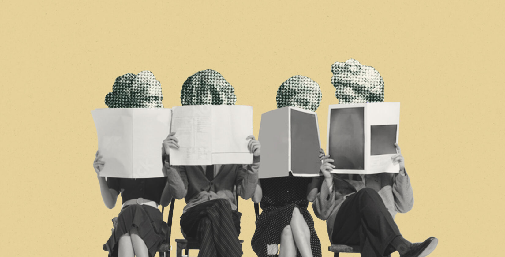 a group of people sitting in chairs holding papers representing contextual media