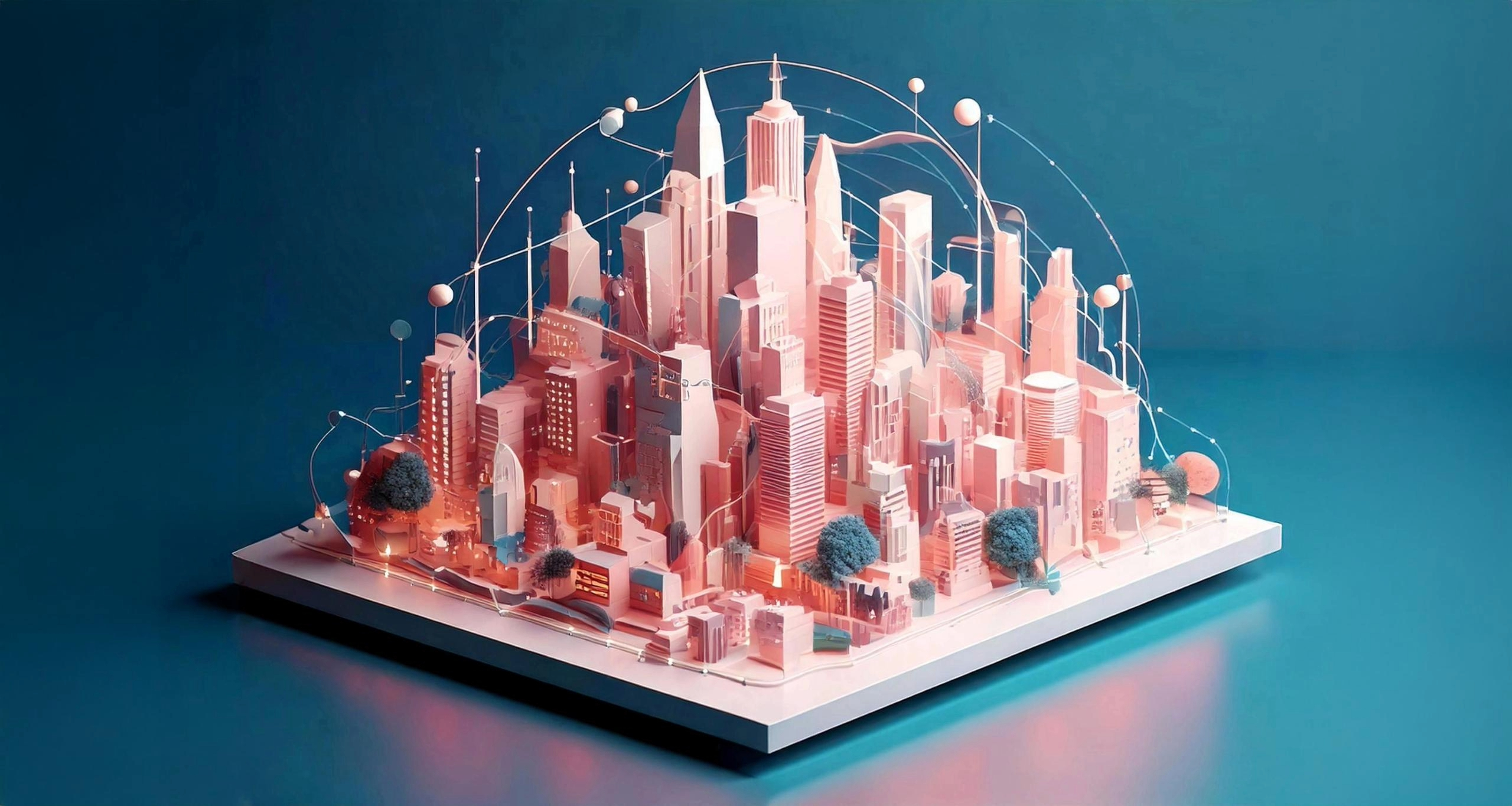 Omnichannel Marketing Mastery: Turning Insights into Retail Success 1 Stylized 3D illustration of a futuristic cityscape with interconnected buildings symbolizing omnichannel marketing in a connected world.