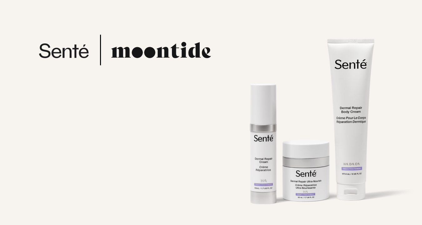 a group of white Senté products with Moontide and Senté logos announcing Moontide as Senté agency of record