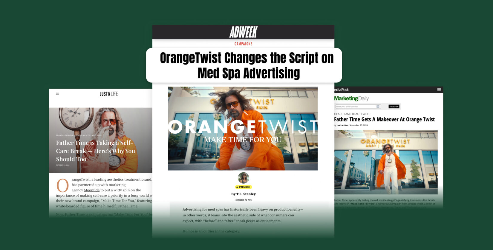 screenshot of multiple PR placements featuring OrangeTwist's Make Time For You campaign